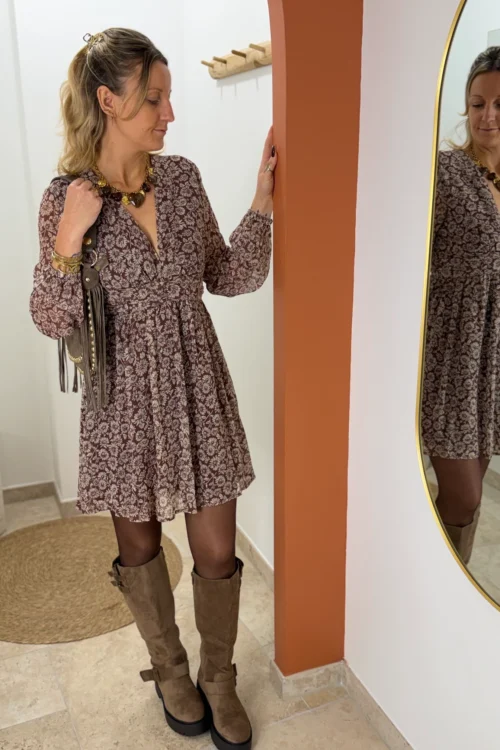 Robe courte fleurie lurex femme, fleurs taupe et or | Dream By C