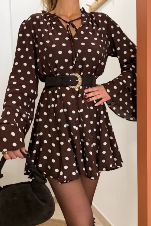 Robe patineuse pois blancs chocolat femme, col V | Dream By C