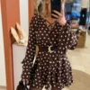 Robe patineuse pois blancs chocolat femme, col V | Dream By C