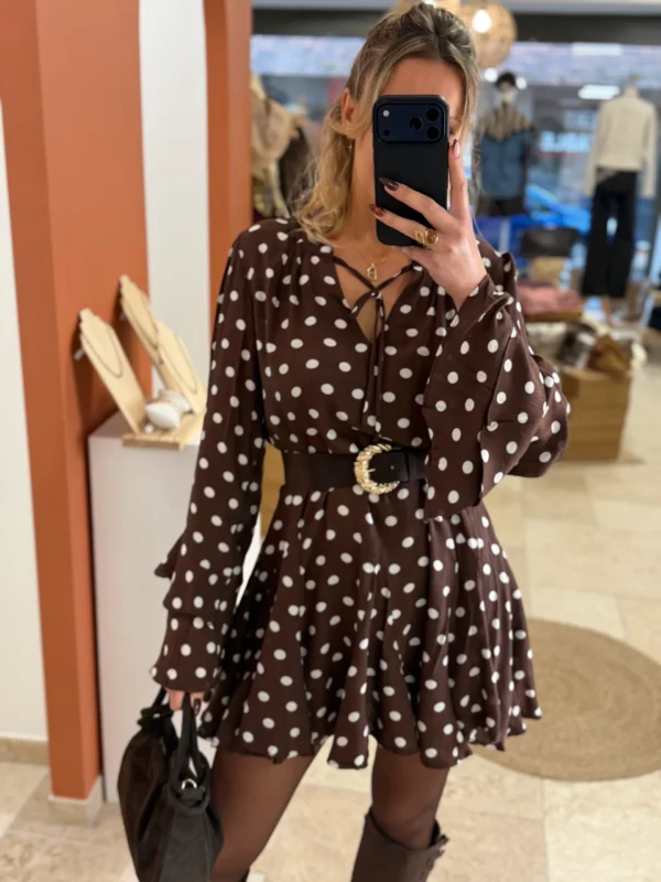 Robe patineuse pois blancs chocolat femme, col V | Dream By C