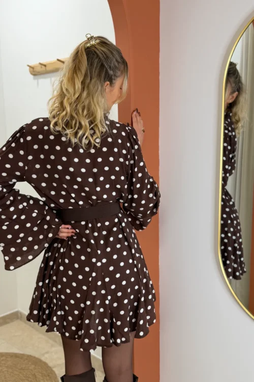 Robe patineuse pois blancs chocolat femme, col V | Dream By C