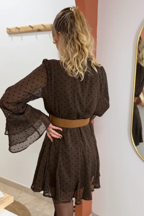 Robe patineuse à pois chocolat femme, volants | Dream By C