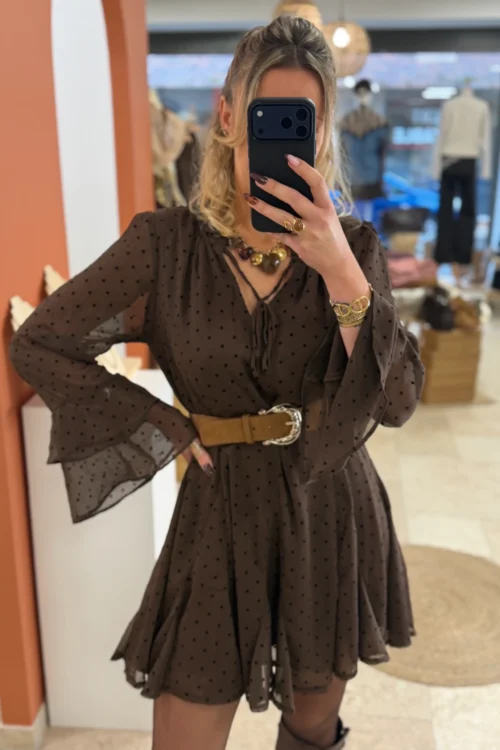 Robe patineuse à pois chocolat femme, volants | Dream By C