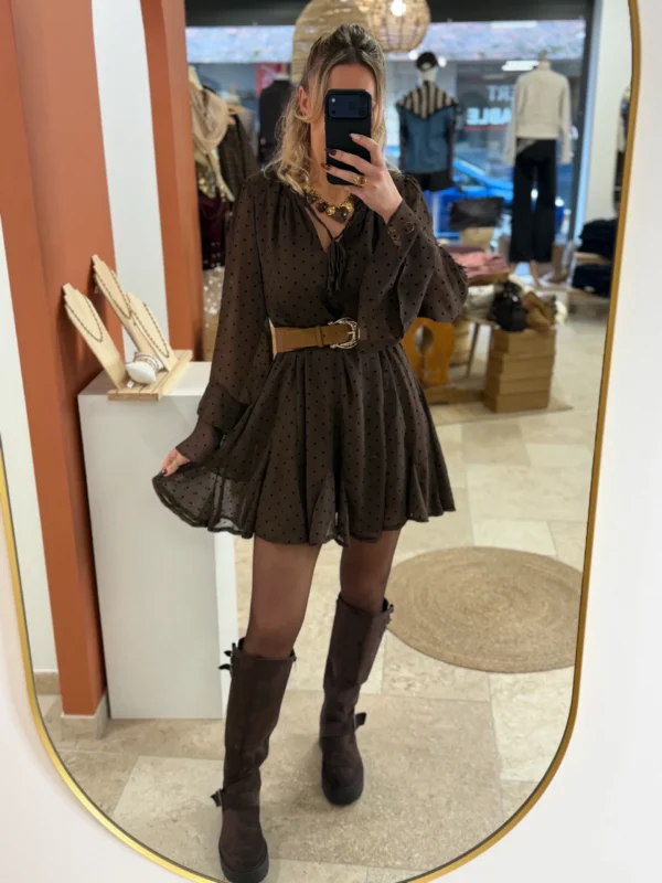 Robe patineuse à pois chocolat femme, volants | Dream By C