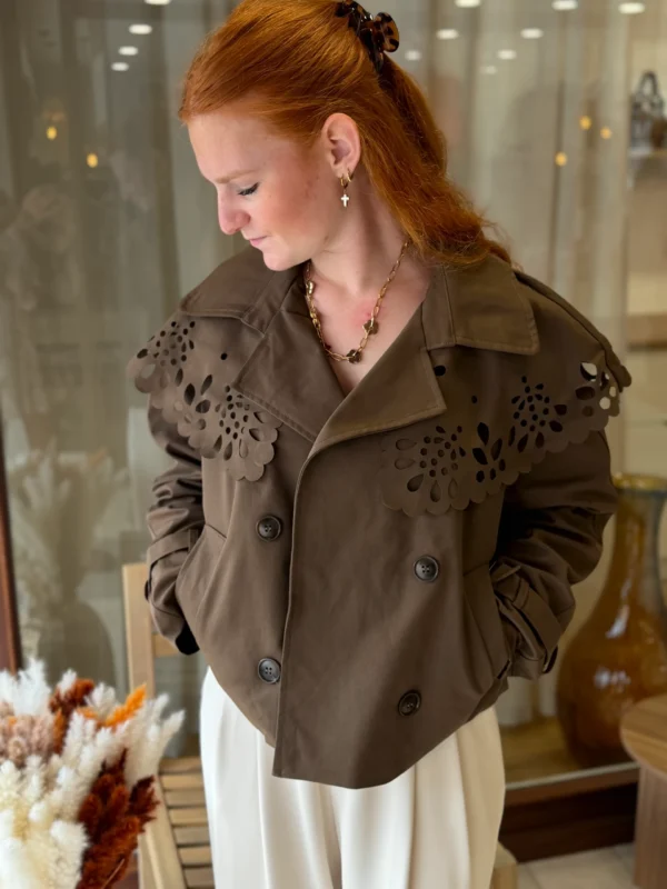 Trench chocolat broderie femme, col brodé, S/M-M/L | Dream By C