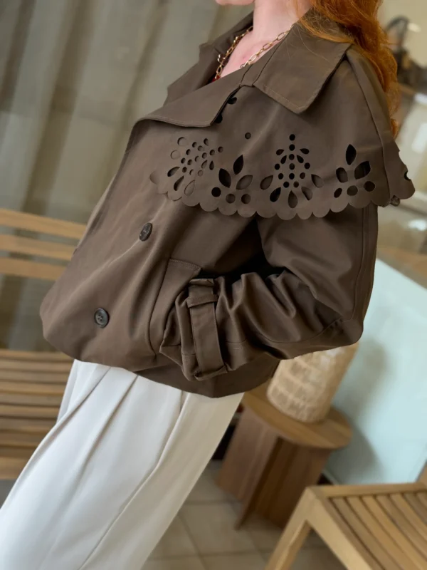 Trench chocolat broderie femme, col brodé, S/M-M/L | Dream By C