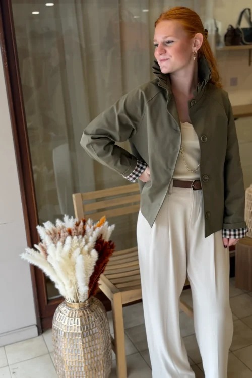 trench-kaki-col-montant-femme- Trench kaki col montant femme, doublure écossaise | Dream By C
